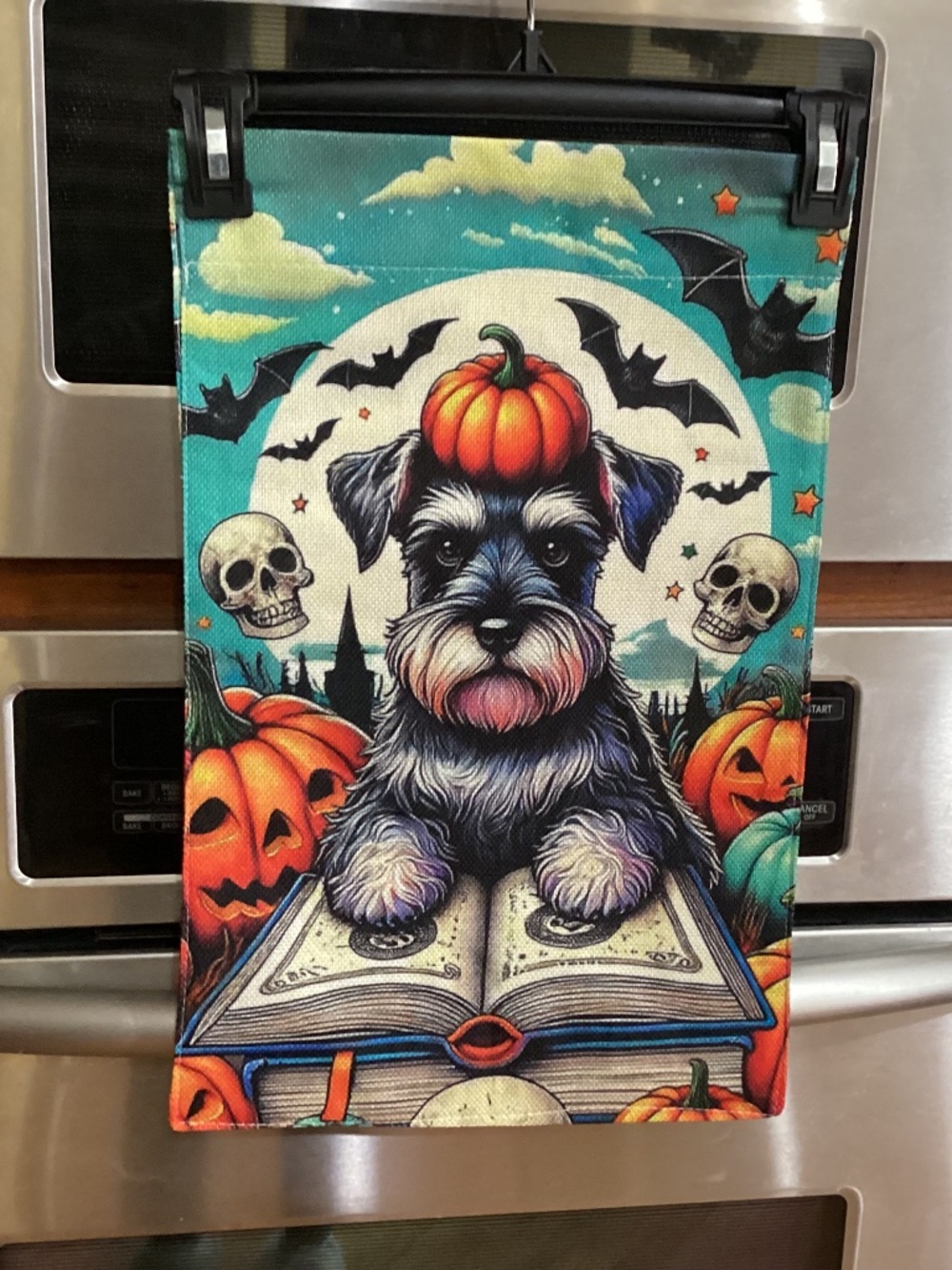 NEW Double sided Halloween Garden Flag, Schnauzer Pumpkins Bats Skulls